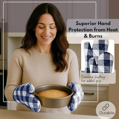 Native Fab Buffalo Plaid Check Oven Mitts and Pot Holders Set of 4, 100% Cotton Heat Resistant Kitchen Gloves, 2 Oven Mitts (7x13), 2 Pot Holders (8x8) for Cooking & Baking, Navy White - Image 6