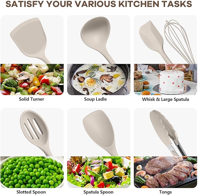 TeamFar Kitchen Cooking Utensils, 10 pcs Silicone Cooking Utensils Set, 446°F Heat Resistant Kitchen Gadgets Tools Set w/Spatula, Turners, Spoons, Soup Ladle, Pasta Server for Nonstick Cookware, Khaki - Image 6