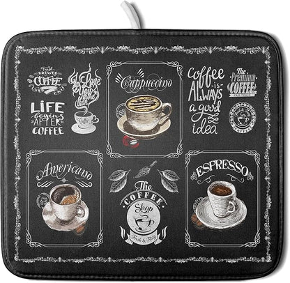 Giwawa Coffee Dish Drying Mat Vintage Anti Fatigue Espresso Cup Black Bean Maker Machine Drainer Mat Small Dish Pad Dish Drainer Rack Mat Protector Kitchen Accessories Bar Time 16x18 inch