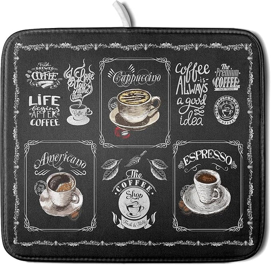 Giwawa Coffee Dish Drying Mat Vintage Anti Fatigue Espresso Cup Black Bean Maker Machine Drainer Mat Small Dish Pad Dish Drainer Rack Mat Protector Kitchen Accessories Bar Time 16x18 inch