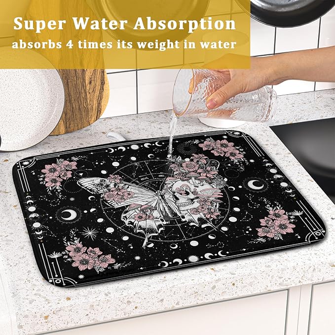Skeleton Butterfly Dish Drying Mat Black Skull Absorbent Dish Drainer for Kitchen Counter Holiday Decor - Image 7