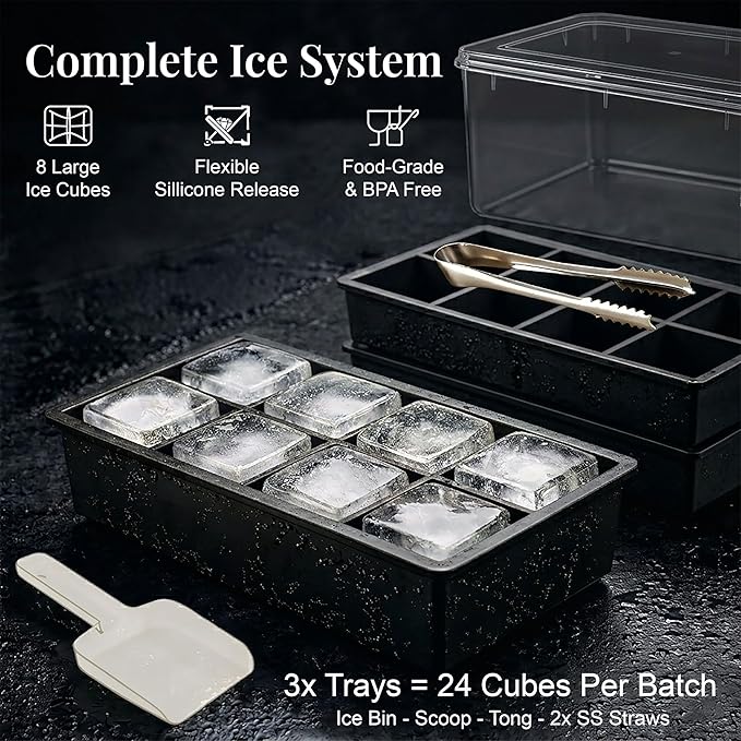 Large Silicone Ice Cube Tray - 3 Pack Trays for 8 Square Cubes with Large Bin, Scoop, Tong & 2 SS Straws - Easy Release Ice Mold for Whiskey, Cocktails, Coffee (Black) - Image 3