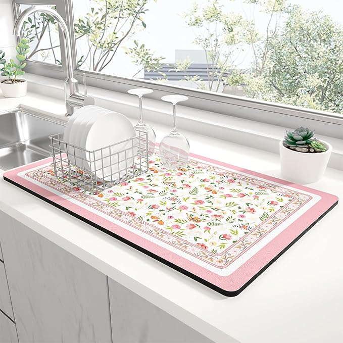 Rnivvi Dish Drying Mat for Kitchen Counter, XL 15 x 24" Cute Flower Theme Absorbent Draining Pad, Non-Slip Heat Resistant Coffee Bar Mats for Coffee Machine Station Accessories, Pink Dish Rack Pad by Rnivvi
