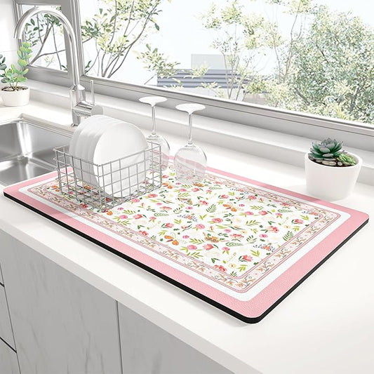 Rnivvi Dish Drying Mat for Kitchen Counter, XL 15 x 24" Cute Flower Theme Absorbent Draining Pad, Non-Slip Heat Resistant Coffee Bar Mats for Coffee Machine Station Accessories, Pink Dish Rack Pad by Rnivvi