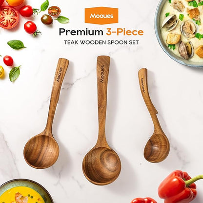 Wooden Ladle for Soup, 3 Size Teak Wood Ladle Spoon with Back Hooks, Heat Resistant Wooden Spoons for Cooking, Non-Stick, Comfortable Grip, Wood Kitchen Utensils Set for Serving, Stirring - Image 8