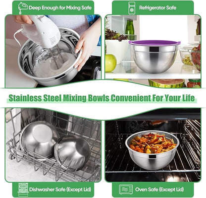 P&P CHEF Mixing Bowls with Airtight Lids Set of 5, 10-Piece Stainless Steel Mixing Nesting Bowl, Metal Bowl with Lid for Kitchen Prepping & Storing, Size 4.6, 3, 1.5, 1, 0.7 QT, Multicolor