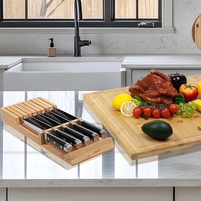 Utoplike Knife Drawer Organizer Bamboo Knives Block for Kitchen, Large Handle Steak Holder, Fit for 9 Knives (Not Included) - Image 6