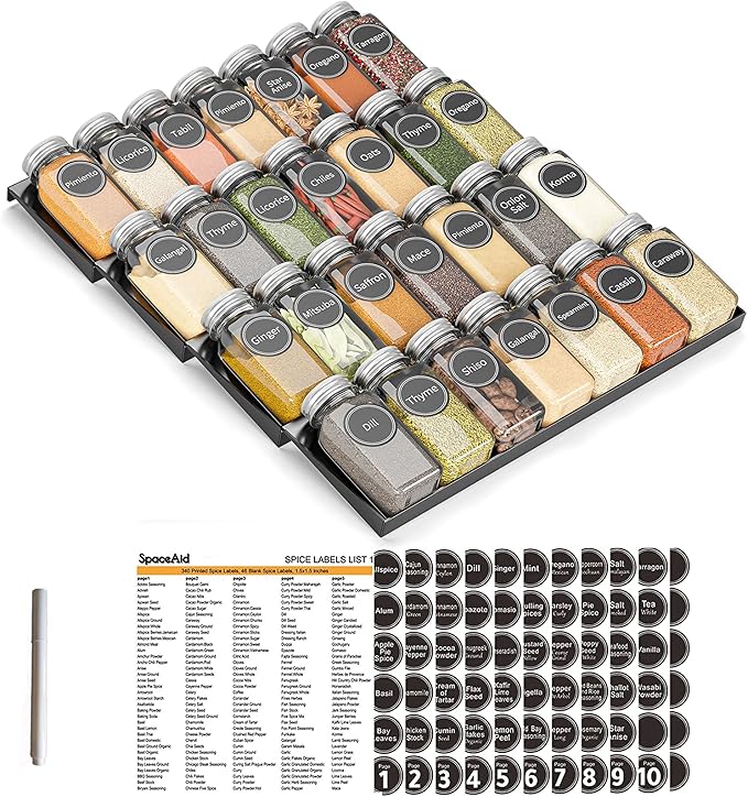 SpaceAid Spice Drawer Organizer with 28 Spice Jars, 386 Spice Labels, 4 Tier Seasoning Rack Tray Insert for Kitchen Drawers, 13" Wide x 17.5" Deep by SpaceAid