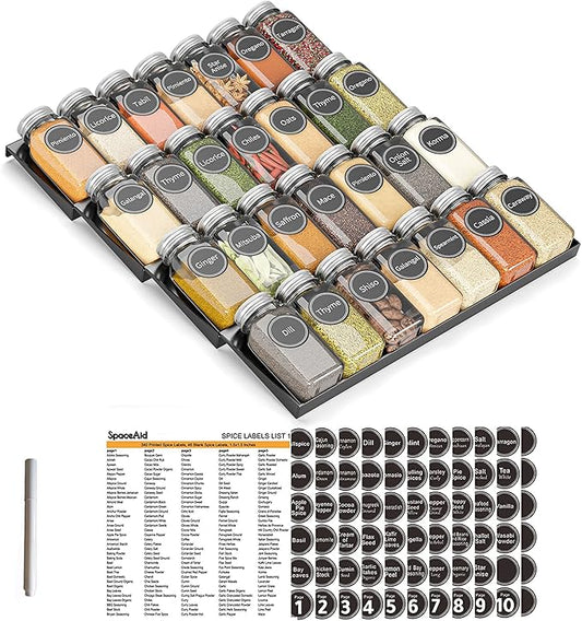 SpaceAid Spice Drawer Organizer with 28 Spice Jars, 386 Spice Labels, 4 Tier Seasoning Rack Tray Insert for Kitchen Drawers, 13" Wide x 17.5" Deep by SpaceAid