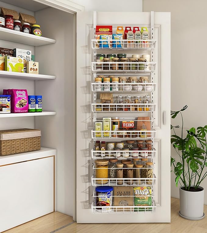 Mefirt Over The Door Pantry Organizer, Wall Mount Spice Rack, Pantry Hanging Storage and Organization, 8 Adjustable Baskets Heavy-Duty Metal for Home & Kitchen, Back of Door Seasoning Rack - White by Mefirt