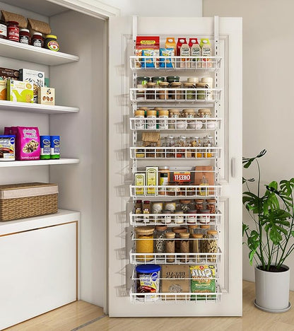 Mefirt Over The Door Pantry Organizer, Wall Mount Spice Rack, Pantry Hanging Storage and Organization, 8 Adjustable Baskets Heavy-Duty Metal for Home & Kitchen, Back of Door Seasoning Rack - White by Mefirt
