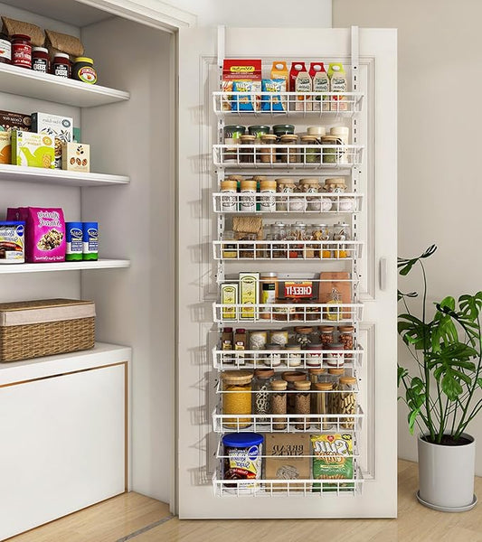 Mefirt Over The Door Pantry Organizer, Wall Mount Spice Rack, Pantry Hanging Storage and Organization, 8 Adjustable Baskets Heavy-Duty Metal for Home & Kitchen, Back of Door Seasoning Rack - White by Mefirt