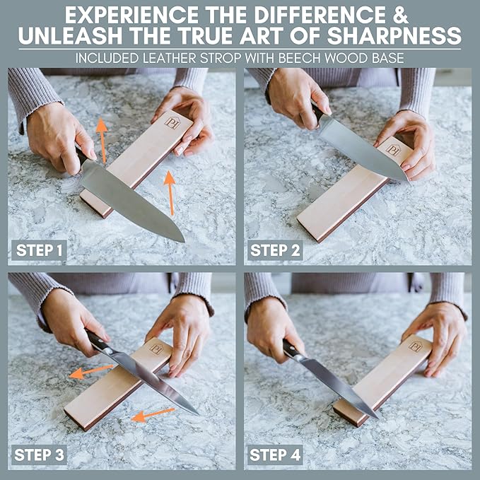PATENTED ORIGINAL ADJUSTABLE ROLLING KNIFE SHARPENER KIT: Adjustable Height, 30 Angle Options, 5 Removeable Whetstone Plates, Leather Strop with Travel Case - Kitchen Knife Sharpener - Image 6