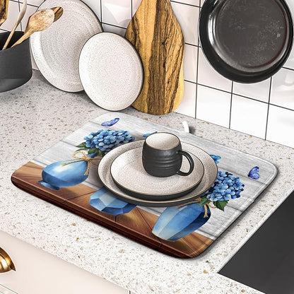Giwawa Blue Hydrangea Dish Drying Mat for Kitchen Vintage Wood Board Floral Butterfly Dish Drainer Mats 16x18inch Rustic Flowers Dish Drying Rack Pad Protector for Countertop Dining Decor