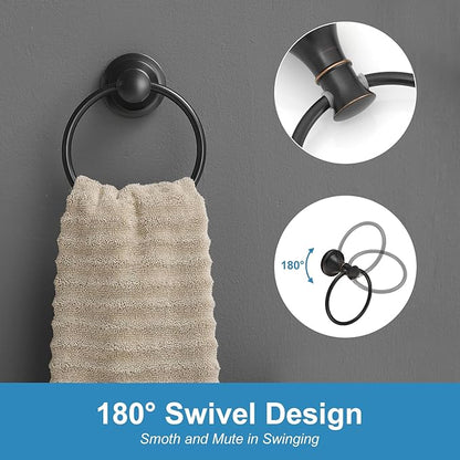 RUMOSE Toilet Paper Holder and Hand Towel Ring Oil Rubbed Bronze Wall Mount Bathroom Hardware Accessories 2 PCS Set Flexible Pivoting Toilet Tissue Roll Holder and Towel Hanger, Stainless Steel