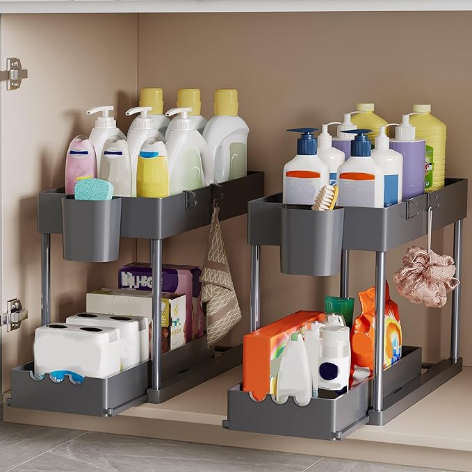 2 Pack Under Sink Organizers and Storage, 2-Tier Sliding Cabinet Organizer Drawer for Bathroom and Kitchen – Multi-Purpose Cabinet Organizer with Easy Pull-Out Design (Grey) - Image 3