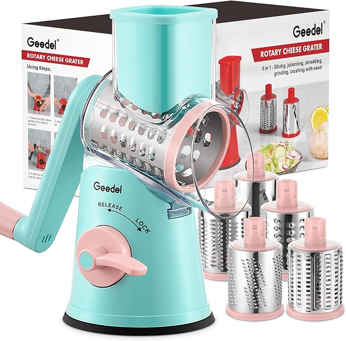Geedel Rotary Cheese Grater Cheese Shredder - Upgraded 5-in-1 Cheese Grater with Handle and Strong Suction Base, Multi-purpose Vegetable Slicer Ice Shaver Nuts Grinder for Ice, Vegetables, Fruit, Nuts by Geedel