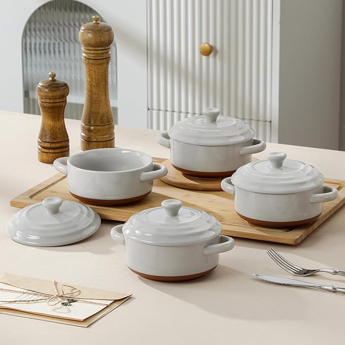 MALACASA Mini Cocotte Set - 12 OZ Ramekins with Lids and Handles, Small Casserole Dishes for Oven, Ceramic Small Baking Dish Set of 4, Microwave & Dishwasher Safe, Khaki Grey, Series TARA - Image 6
