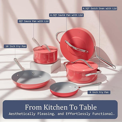 CookinCraze Dutch Oven Pot with Lid 4.5QT Stock Pot (9.5"x 4") Nonstick Ceramic Coated Soup Pot Non-Toxic PFAS-Free for Braising, Baking Bread & Stewing, Compatible for All Cooktops(Induction/Gas/Electric) Oven Safe to 500°F, Fusion Red