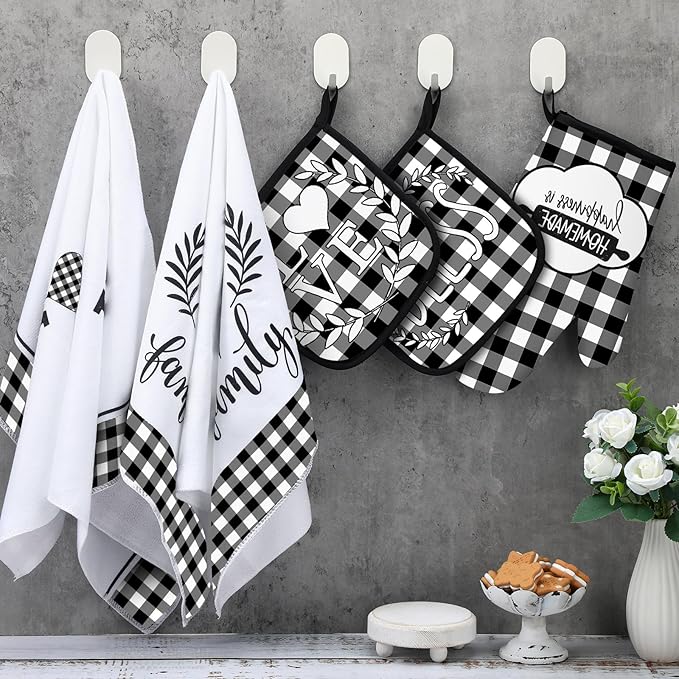 5 Pieces Buffalo Plaid Kitchen Towels Oven Mitts and Pot Holder Set Black and White Kitchen Towels Oven Gloves, Hot Pads Pot Holders for Farm House Accessories Decor(Heart) - Image 4