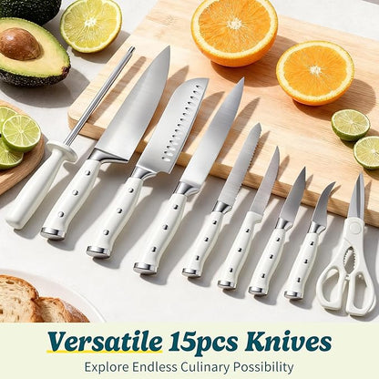 Knife Set, 15 Piece Premium Chef High Carbon Stainless Steel Kitchen Knife Block Set, Razor-sharp, Ergonomic Forged Triple Rivet Handle, Professional Knife Set for Kitchen, Dishwasher Safe(White) - Image 6