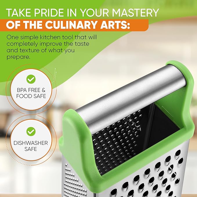 Spring Chef Green Professional Stainless Steel XL Parmesan Cheese Grater with Handle - 4 Sided Box Grater for Kitchen - Dishwasher Safe Food Shredder for Carrot, Potato, Vegetables, Ginger, Hash Brown - Image 5