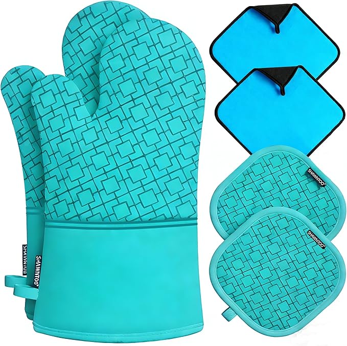 Oven Mitts and Pot Holders Sets 6pcs, Kitchen Oven Glove,High Heat Resistant 550 Degree Extra Long Oven Mitts and Potholders with Non-Slip Silicone Surface for Home Essentials (Grey) (Ice Blue) by OvenMitts