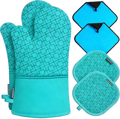 Oven Mitts and Pot Holders Sets 6pcs, Kitchen Oven Glove,High Heat Resistant 550 Degree Extra Long Oven Mitts and Potholders with Non-Slip Silicone Surface for Home Essentials (Grey) (Ice Blue) by OvenMitts