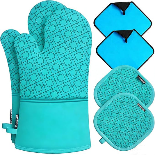 Oven Mitts and Pot Holders Sets 6pcs, Kitchen Oven Glove,High Heat Resistant 550 Degree Extra Long Oven Mitts and Potholders with Non-Slip Silicone Surface for Home Essentials (Grey) (Ice Blue) by OvenMitts