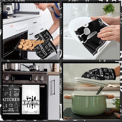 Bencailor 12 Pcs Farmhouse Kitchen Decor and Accessories Sets 4 Black and White Kitchen Towels 4 Absorbent Dishcloths 2 Pot Holders 2 Oven Mitts Gloves for Home Decor Mom Gifts