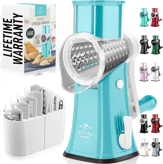 Zulay Kitchen Rotary Cheese Grater 5 Blade Cheese Shredder - Manual Hand Crank Cheese Grater With Reinforced Suction & 5 Interchangeable Drums - Easy to Use, Vegetable Chopper Round Mandoline Slicer by ZulayKitchen