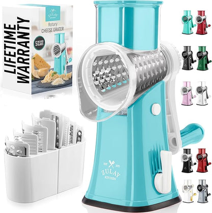 Zulay Kitchen Rotary Cheese Grater 5 Blade Cheese Shredder - Manual Hand Crank Cheese Grater With Reinforced Suction & 5 Interchangeable Drums - Easy to Use, Vegetable Chopper Round Mandoline Slicer by ZulayKitchen