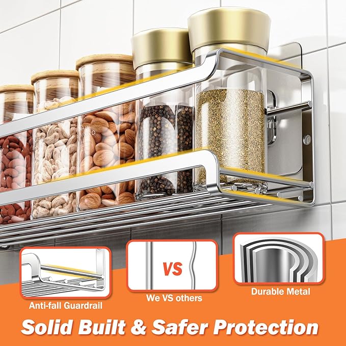 Bunoxea Spice Rack wall mounted 2 Pack, Space-Saving Spice Organizer for Spice Jars and Seasonings,Screw or Adhesive Hanging Spice Rack Organizer for Your Kitchen Cabinet,or Pantry Door,Silver - Image 5