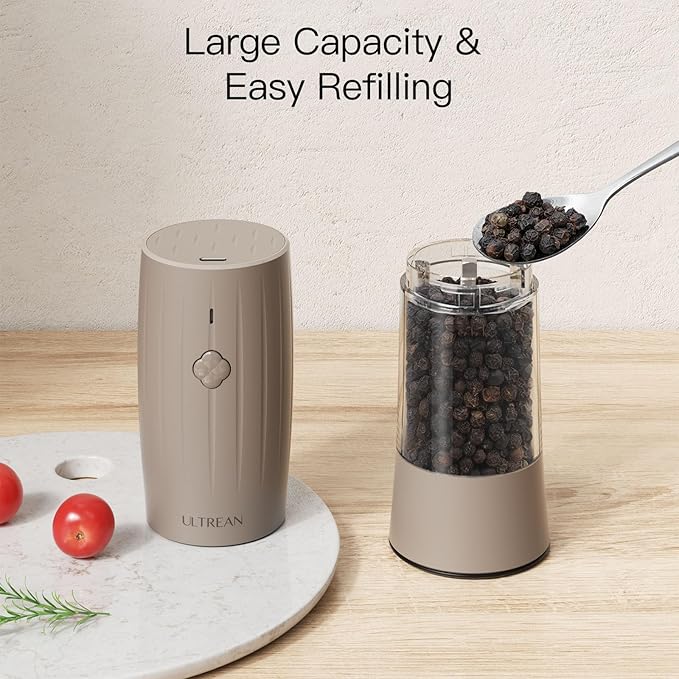 Ultrean Pepper Grinder, Electric Salt and Pepper Grinder Shaker with USB-C Rechargeable, 6 Adjustable Coarseness, LED Light, Larger Capacity Pepper Mill, Kitchen Gadget & Housewarming Gift, Brown