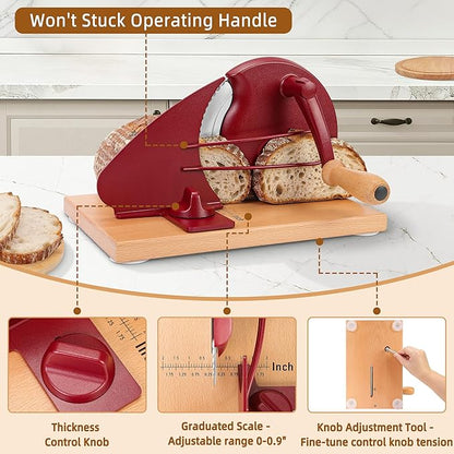 CAWIU Upgraded Manual Bread Slicer for Homemade Sourdough Bread - Adjustable Thickness Bread Cutter with Hand Crank, Suction Cups, Slicing Guide, Scale Line & Cover, for Perfect Even Slices (Red)