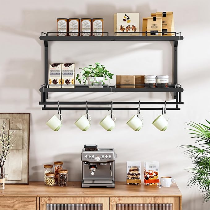 CHOEZON Pot Rack, Wall Mounted Pan Holder, 2-Tier Pot and Pan Organizer, Pot Hanger with 10 S-Shaped Hooks, Cookware Organizer with 5 Removable Metal Wire Dividers, Black TPR35BB - Image 4