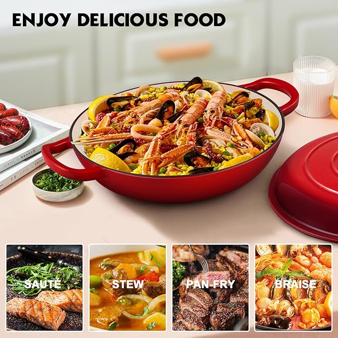 Overmont Enameled Cast Iron Dutch Oven - 3.8 Quart Dutch Oven Pot with Lid - Shallow Cookware Braising Pan - Cast Iron Casserole with Cookbook & Heat-Resistant Caps - Oven Safe up to 500° F Red