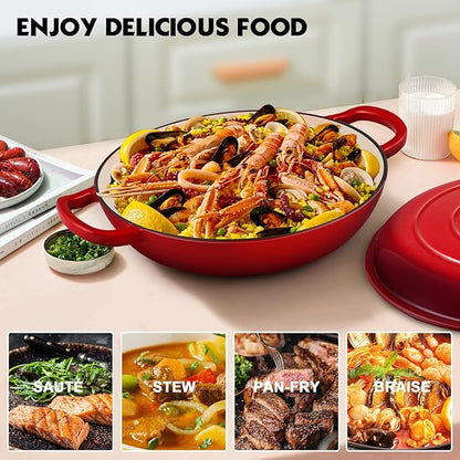 Overmont Enameled Cast Iron Dutch Oven - 3.8 Quart Dutch Oven Pot with Lid - Shallow Cookware Braising Pan - Cast Iron Casserole with Cookbook & Heat-Resistant Caps - Oven Safe up to 500° F Red