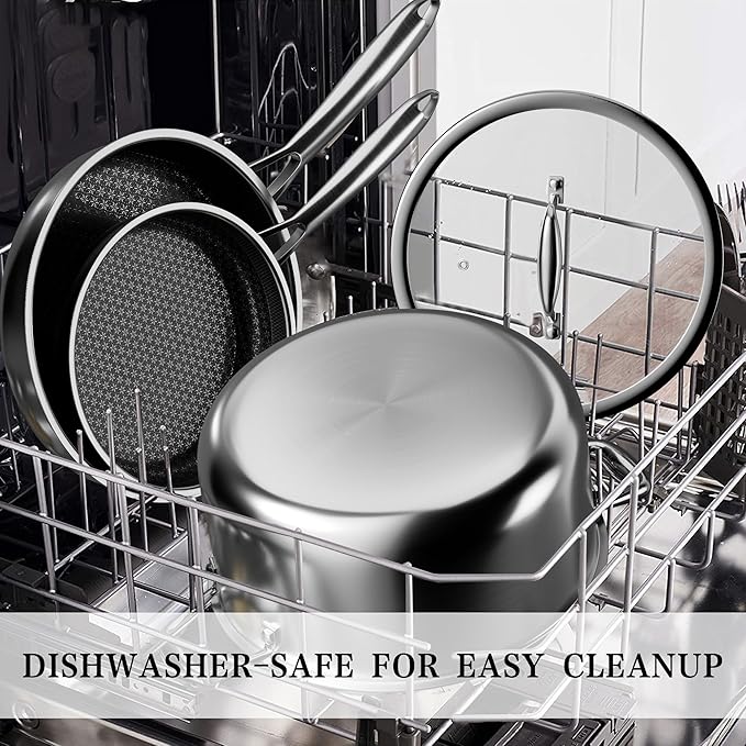 VONIKI Hybrid Tri-ply Stainless Steel Cookware Set, Pots And Pans Set Non Stick with Steamer Basket, Non Toxic Induction Cookware, Kitchen Cookware Sets PFOA & PTFE Free, Dishwasher and Oven Safe - Image 7