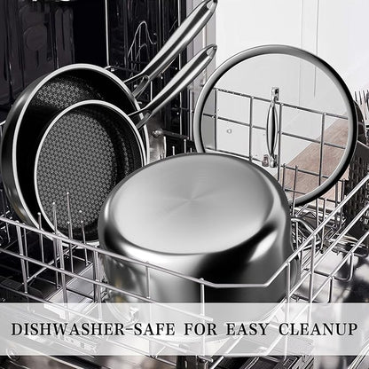 VONIKI Hybrid Tri-ply Stainless Steel Cookware Set, Pots And Pans Set Non Stick with Steamer Basket, Non Toxic Induction Cookware, Kitchen Cookware Sets PFOA & PTFE Free, Dishwasher and Oven Safe - Image 7