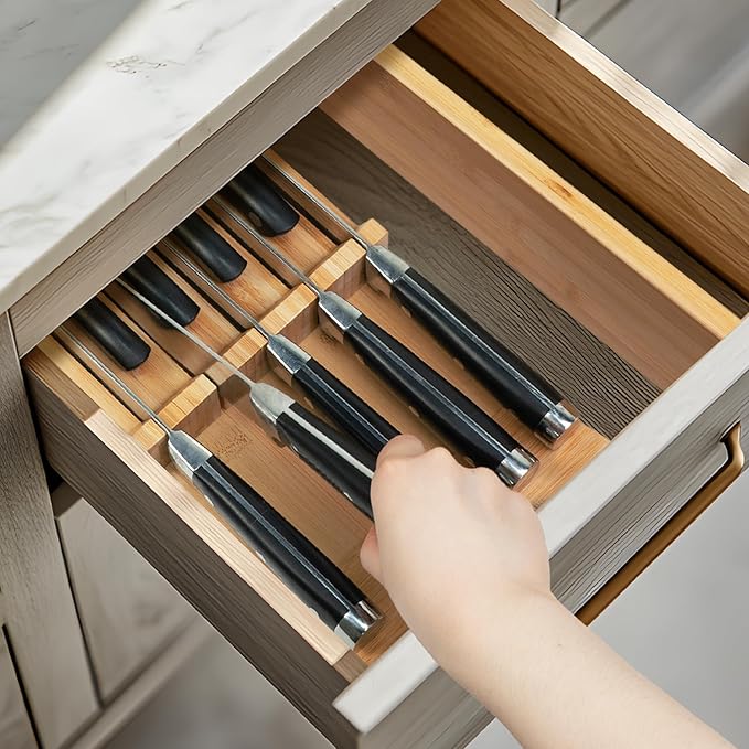 Utoplike Knife Drawer Organizer Bamboo Knives Block for Kitchen, Large Handle Steak Holder, Fit for 9 Knives (Not Included) - Image 2