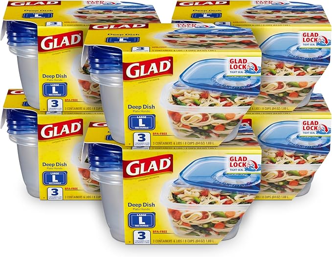 Glad GladWare Deep Dish Food Storage Containers with Lids, Large Rectangle BPA Free Plastic for Soups Salads and Meal Prep, Lock Tight Seal, Microwave Dishwasher Safe, 64 Oz, 3 Count - 6 Pack by GladTrashFoodStorage