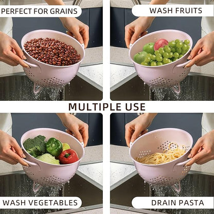 Metal Colander 5 Quart Powder Coated Self-draining Metal Strainer with Base,Kitchen Pasta Fruit Vegetable Basket with Double Handles (Pink)