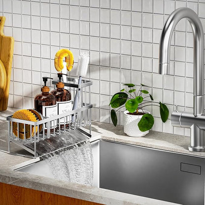 Cisily Extra Large Silver Kitchen Sink Caddy Organzier with High Brush Holder, Sponge Holder for Sink, 304 Rustproof Stainless, Kitchen Countertop Soap Dispenser Organizer For Decor and Accessories - Image 4