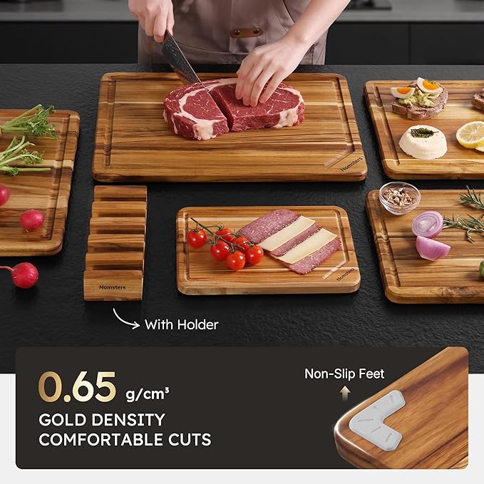 5 Pack Teak Wood Cutting Board Set for Kitchen with Holder Charcuterie Board Serving Heavy Duty Non Toxic Slip Hardwood Over Sink Solid Thick Wooden Chopping Board Large Big Small Best Essential Gift - Image 5