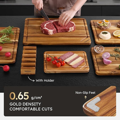 5 Pack Teak Wood Cutting Board Set for Kitchen with Holder Charcuterie Board Serving Heavy Duty Non Toxic Slip Hardwood Over Sink Solid Thick Wooden Chopping Board Large Big Small Best Essential Gift - Image 5