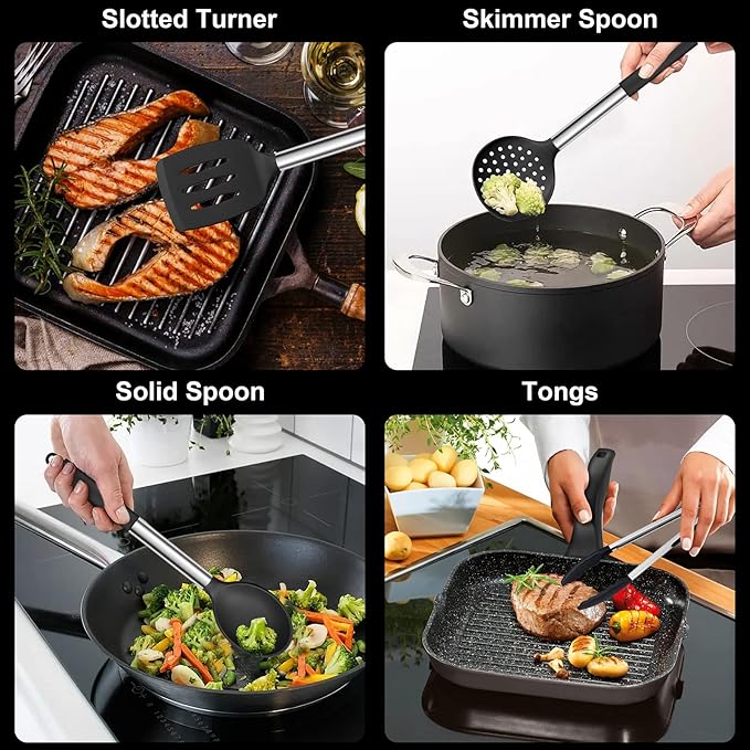 E-far Silicone Cooking Utensils Set, 7 Pcs Heat Resistant Kitchen Utensils with Stainless Steel Handle, Slotted Turner, Spoon, Soup Ladle, Pasta Server, Skimmer, Tongs for Nonstick Cookware, Black - Image 4