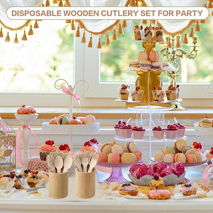 LemonRoad 200 Pcs Thank You Disposable Wooden Cutlery Set Bamboo Utensils 100 Forks, 100 Spoons Employee Appreciation Party Favors for Administrative Professionals Volunteer Party Supplies