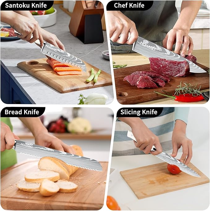 MDHAND Chef Knife Set with Roll Bag, 9PCS Professional Knife Set with Sharpener, High Carbon Stainless Steel Japanese Kitchen Knife Set - Forged Triple Rivet Handle, Dishwasher Safe, Chef Gifts, White