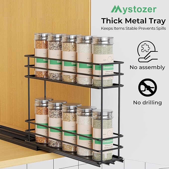 Mystozer Pull Out Spice Rack Organizer for Cabinet, Slide Out Spice Racks, Easy to Install Spice Cabinet Organizer, 2.5" Wx10.43 Dx8.26 H, 1 Drawer 2 Tiers（Black） - Image 8